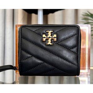 Tory Burch Black Quilted Leather KIRA Zip-Around Compact Wallet With Gold Logo A